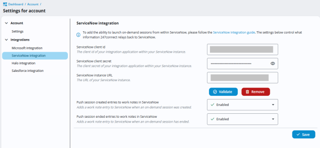 The Settings for account page showing the ServiceNow integration selected. The page displays fields for ServiceNow client ID, client secret, and instance URL, along with two drop-down options to enable or disable pushing session-created and session-ended entries to ServiceNow. A button for Save appears at the bottom right.